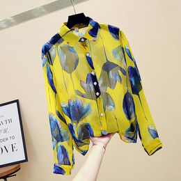 Women's Blouses Magnolia Print Blouse Women Yellow Shirts 2023 Vintage See Through Chiffon Shirt Female Turn-down Collar Long Sleeve