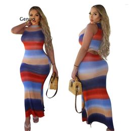 Casual Dresses Women's Long Striped V-Neck Sleeveless Sundress Sexy Slim Hollow Out Lady Night Party Club Wear Bodycon Dress