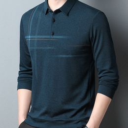 Men's Polos Spring Long Sleeve Polo Shirt Men's Lapel Sweater Imitation Wool Printed T-shirt Business Leisure Striped Printing Pullover 230308