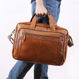 Briefcases Natural Cowskin 15" 17" Laptop Bags Men's Large Capacity Business Messenger Leather Office Shoulder Bag