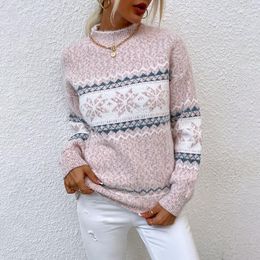 Women's Sweaters Christmas Knitted Loose Sweater Women 2023 Autumn Winter High Street Snowflake Elegant Half Turtleneck Pullover Femme