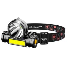 Super Bright Headlamp COB IP65 Waterproof Headlight LED Modes Rechargeable Battery USB Built-in 2 Torch Lamp Head