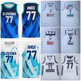 Mens Unicersidad Europea 7 Jersey Slovenia Luka Doncic 77 Basketball Jerseys Stitched Blue White Classic Jersey