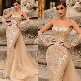 Glamorous Mermaid Prom Dresses Strapless High Waist Flower Applicant Bead Floor Length with Tulle Backless Plus Size Custom Made Party Dress Vestido De Noite