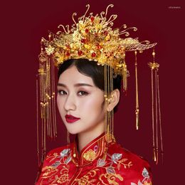 Necklace Earrings Set Chinese Wedding Traditional Phoenix Coronet Long Tassel Tiaras Crowns Bride Party