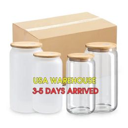 US STOCK 16oz Sublimation Glass Mugs with Bamboo Lid Frosted Clear Mason Jar Cups Can Tumblers DIY Blanks Pringting ss0308