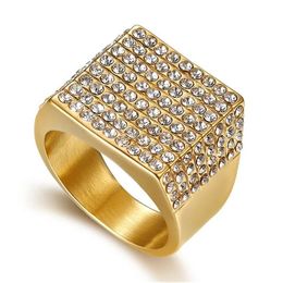 Men's Iced Out Big CZ Ring Full Paved Cubic Zirconia Square Rings Cool Gold Colour Stainless Steel Jewellery