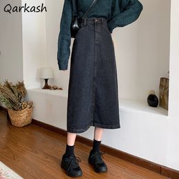 Skirts Skirts Women Denim Black Midi Retro Korean Trendy Autumn All-match Ladies High Waist Skirt Casual Basic Solid Back-slit Design 230308