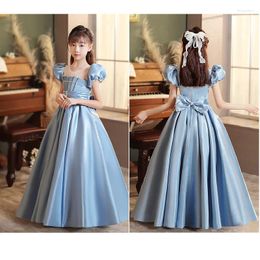 Girl Dresses Blue Shiny Flower Elegant Princess Ball Gown Kids Birthday Party Dress Paste Pearl Bow First Communion