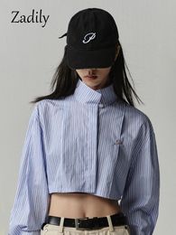 Women's Blouses Shirts Zadily Spring Streetwear Long Sleeve Cotton Striped Shirt Women Button Stand Neck Ladies Crop Tops Female Clothing Blouse 230308
