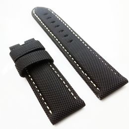 26mm - 22mm Black Canvas Leather Band Khaki Stitch Strap Fit For PAM PAM 111 Wirst Watch