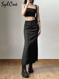 Skirts Sylcue Simple Black Split Sexy Slim Versatile Light Cool Thin Summer Women's Mature Feminine Charm Street Skirt Long 230308