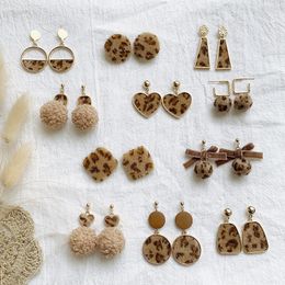 Stud Earrings South Korea's Temperament Winter Khaki Colour Leopard Bowknot Eardrop Female Minks Hair Bulb Wood