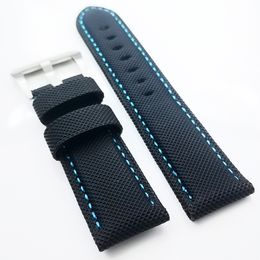22 mm Black Canvas Blue Stitch Leather Band 20 mm PAM Silver Steel Screw Buckle Strap Fit For PAM Wirst Watch