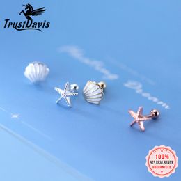 Stud TrustDavis Real 925 Sterling Silver Sweet Asymmetric Starfish Shells Screw Earring For Women Daughter Fine Jewellery DA2157 230307