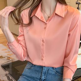 Women's Blouses Shirts Women's Silk Shirts V-neck Solid Laides Tops Womens Fall Fashion Satin Long Sleeve Blouses Button Up White OL Vintage Top 230308