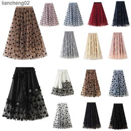 Skirts Vintage Women skirt Love Heart Print skirt Mesh skirt Tulle Skirt a-line high waist long skirt fairy skirt Tutu Skirts W0308