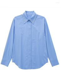 Women's Blouses 2023 Spring Chic Blue Shirts Woman Lapel Collared Button Up Shirt Women Faux Bejewelled Long Sleeve Top Female Casual Baggy