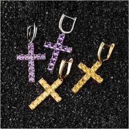 Dangle Chandelier Square Yellow Purple Cubic Zirconia Hiphop Cross Earrings For Mens Fashion Gold Plated Jewellery Women Ice Dhgarden Dhxlg