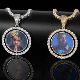 Customize Photo Pendant Necklace Rotatable Double-sided Pendants with Zircon Cool Men Jewelry