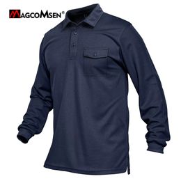 Men's Polos MAGCOMSEN Men's Polo Shirts Long Sleeve Lapel T-Shirt Solid Casual Business Tops Cargo Pocket Polo Shirt 230308