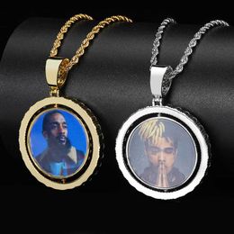 Customize Photo Pendant Necklace Rotatable Double-sided Pendants with Zircon Men's Jewelry