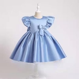 Girl Dresses O-Neck Pearls Blue Satin Formal Flower Knee-Length Short Sleeves Junior Bridesmaid Dress Reception Gowns