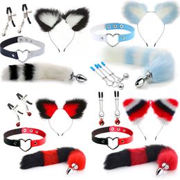 Anal Toys Sex Tail Butt Plug y Plush Cat Ear Headband with Leather Necklace Set Massage Women Couples Cosplay 230307