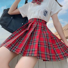 Skirts Red Gothic Pleated Skirts Women Japanese School Uniform High Waist Sexy Cute Mini Plaid Skirt JK Uniform Students Clothes 230308