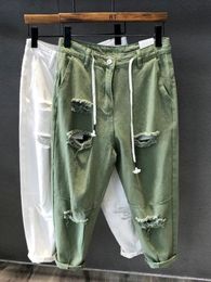 Men's Jeans Holes Jeans Men And Women Summer High Waist Thin Color Loose Straight Denim Ankle-length Harem Pants Men And Women Jeans 230308