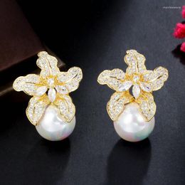 Stud Earrings SINZRY Gold Plated Cubic Zircon Pearl Flower Creative Koean For Women