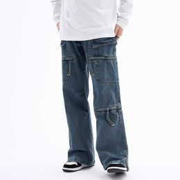 Men's Jeans Washed Retro Zipper Pockets Unisex Blue Denim Trousers Straight High Street Loose Casual Cargo Pants Harajuku Hip Hop Jeans Z0301