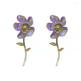 Stud Earrings Fashion Creative Design Purple Crystal Flower Earring For Women Gold Colour Graceful Jewellery Accessories Gift