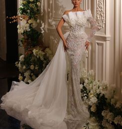 Luxury Mermaid Wedding Dresses One Long Sleeve 3D Lace Bateau Beaded Pearls Sequins Appliques Detachable Train Hollow Bridal Gowns Plus Size Vestido de novia Custom