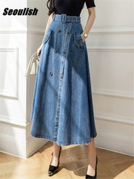 Skirts Seoulish Women's Denim Long Skirt with Belted High Wasit Double Breasted Umbrella Jeans Skirts Female Straight A-Line Skirt 230308