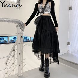 Skirts Y2k Gothic Tulle Pleated Skirt Black Lace Stitching Irregular Midi Skirt Women Vintage High Waist Long Skirt Korea Solid Hip Hop 230308