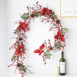 Decorative Flowers 6ft Artificial Red Berry Wreath Christmas Garland DIY Decoration With Pine Cone And Green Leaves For Holiday Desk Decor