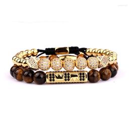 Strand High Quality Luxury CZ Micro Pave Ball Crown Charms Tiger Eyes Stone Beaded Adjustable Bracelet Men Women