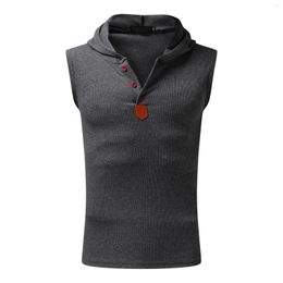 Men's Tank Tops Men's Fashion Casual Button Hooded Vest Top Breathable Sleeveless Elastic Close-fitting Body-building