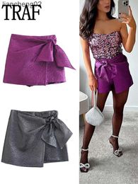 Skirts TRAF Grey Skirt Pants High Waist Purple Skirt Shorts Women Streetwear Knotted Asymmetrical Skort Fashion Women's Autumn Skirt W0308