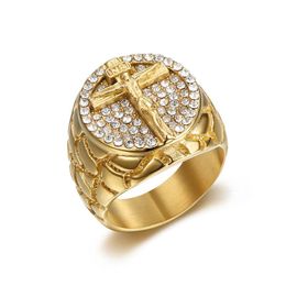 Hip Hop Rhinestone Men Bling Luxury Stainless Steel Gold Plated Cross Ring Pave Setting CZ Wedding Engagement Rings Top Quality