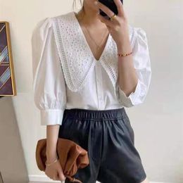 Women's Blouses Ladies Shirts 2023 Summer Cotton White Embroidered Doll Collar Half Sleeve Women's Single Breasted Cropped Tops