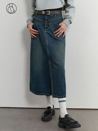 Skirts DUSHU Denim Skirt Women High Waist Long A-LINE Skirts Office Lady Front Spilt Retro Denim Blue Jean Skirt For Women 230308