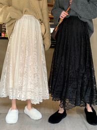 Skirts WERUERUYU Spring And Summer Women's Waist Gauze Lace Skirt Thin A A-line Long 230308