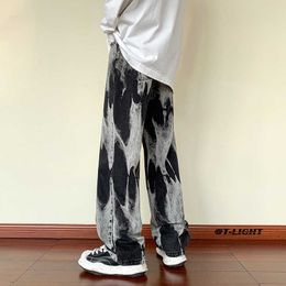 Men's Pants High Street Tie Dyed Men's Jeans Fashion Wide Leg Loose Straight Streetwear Black Denim Pants Unisex Casual Trousers Z0306