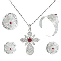 Necklace Earrings Set 4pcs/Lot Silver Crystal Eritrea Africa Cross Chain Pendant Zircon Ethnic Ethiopian Women Bridal