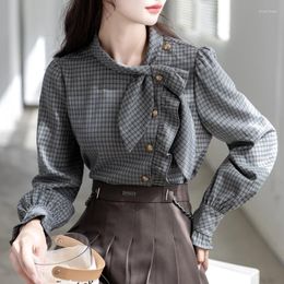 Women's Blouses Vintage Plaid Blouse With Bow Spring Autumn Long Puff Sleeve Office Lady Shirts Chic Korean Tops