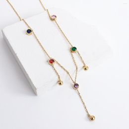 Chains AENSOA Simple Zircon Chain Y Shape Stainless Steel Long Necklace Minimalist Multicolor Crystal Ball Tassel For Women