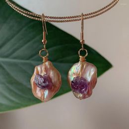 Dangle Earrings Raw Rock Small Crystal Amethysts Drop Big Irregular Baroque Pearls Natural Freshwater Pearl Dangles For Women Female