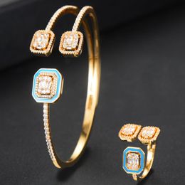 Necklace Earrings Set & Trendy Luxury Baguette Bangle Ring Sets Dubai Bridal Jewellery For Women Wedding Cubic Zircon CZ Party Jewerly 2023Ear